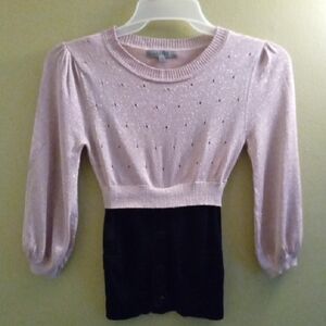 Womans 8 Aivei Blush Pink and Black Puff Sleeve Ribbed Shimmer Sweater Comfy